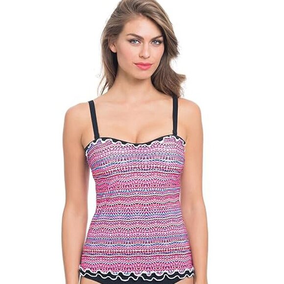 Gottex Rio Tankini Top Swimsuit Ruffle Underwire Bra Pink Black Vacation 38D - Picture 1 of 7